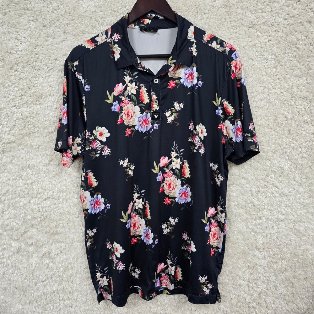 Bad Birdie Floral Golf Polo Mens Medium Black Botanical‎ Performance Shirt